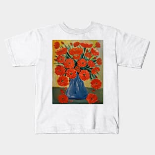 vintage look painting of poppies in A blue vase. Kids T-Shirt